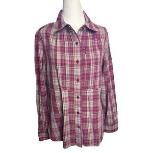 The North Face Plaid Pink Purple Pleated Chest‎ Pocket Button Down Large Women's